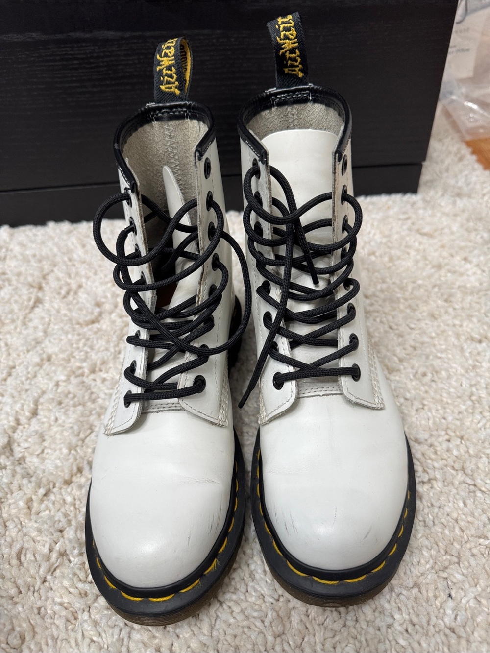 Dr. Martens White Leather 8-Eye Lace-Up Boots with Yellow Welt Stitching